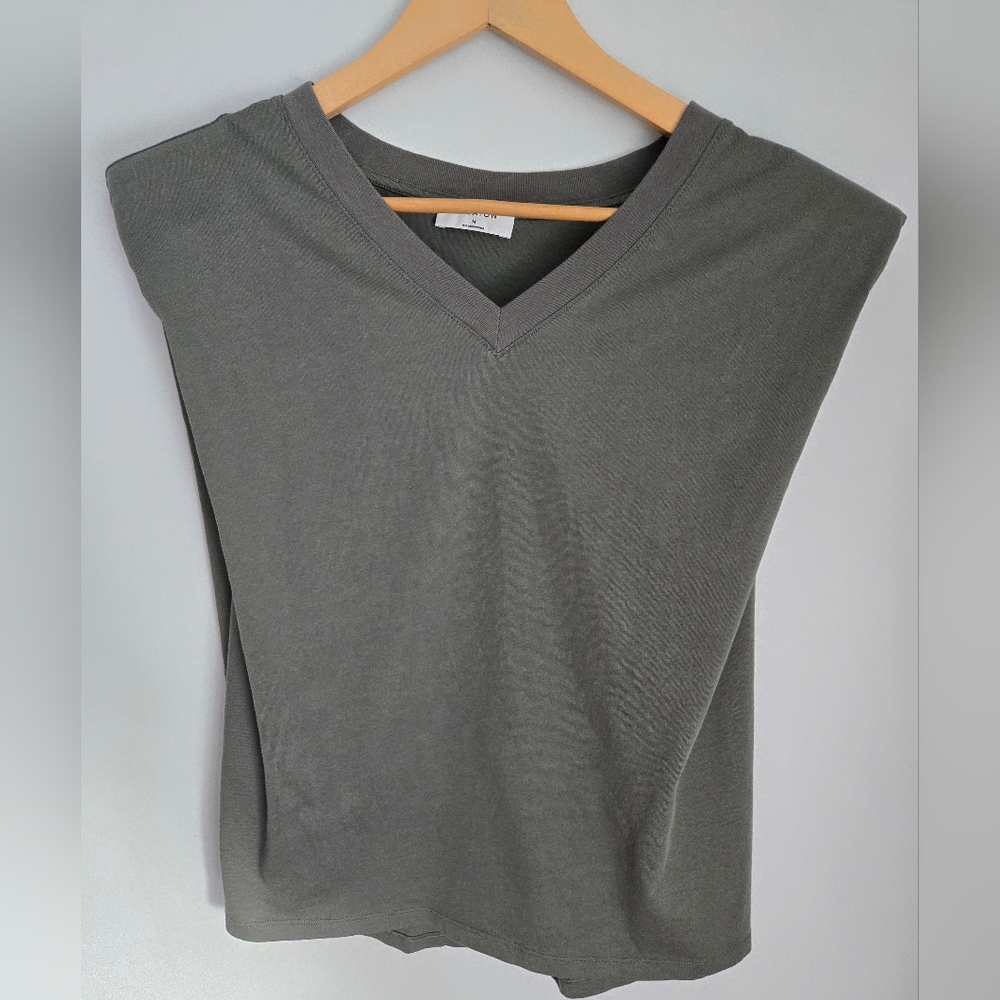 New BABATON V-Neck Sage Green Cotton Top With Shoulder Pad